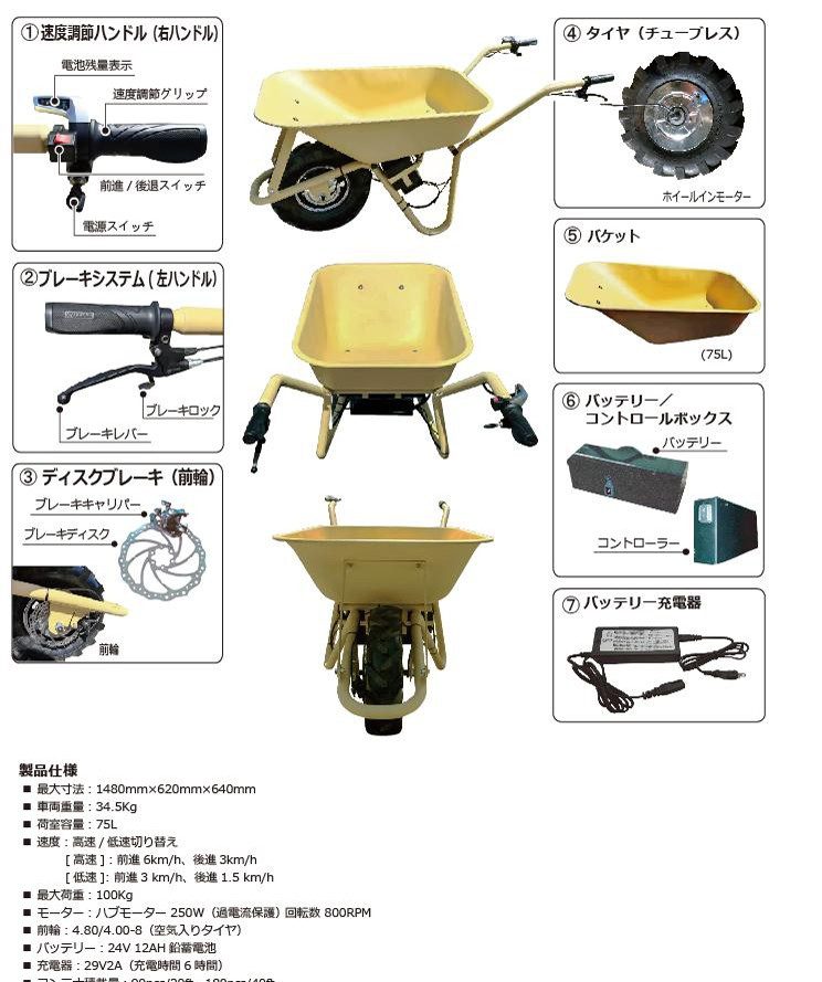 TFJ 電動一輪車|パワーバロウ 250Wモーター搭載・75Lバケット・坂道対応モデル