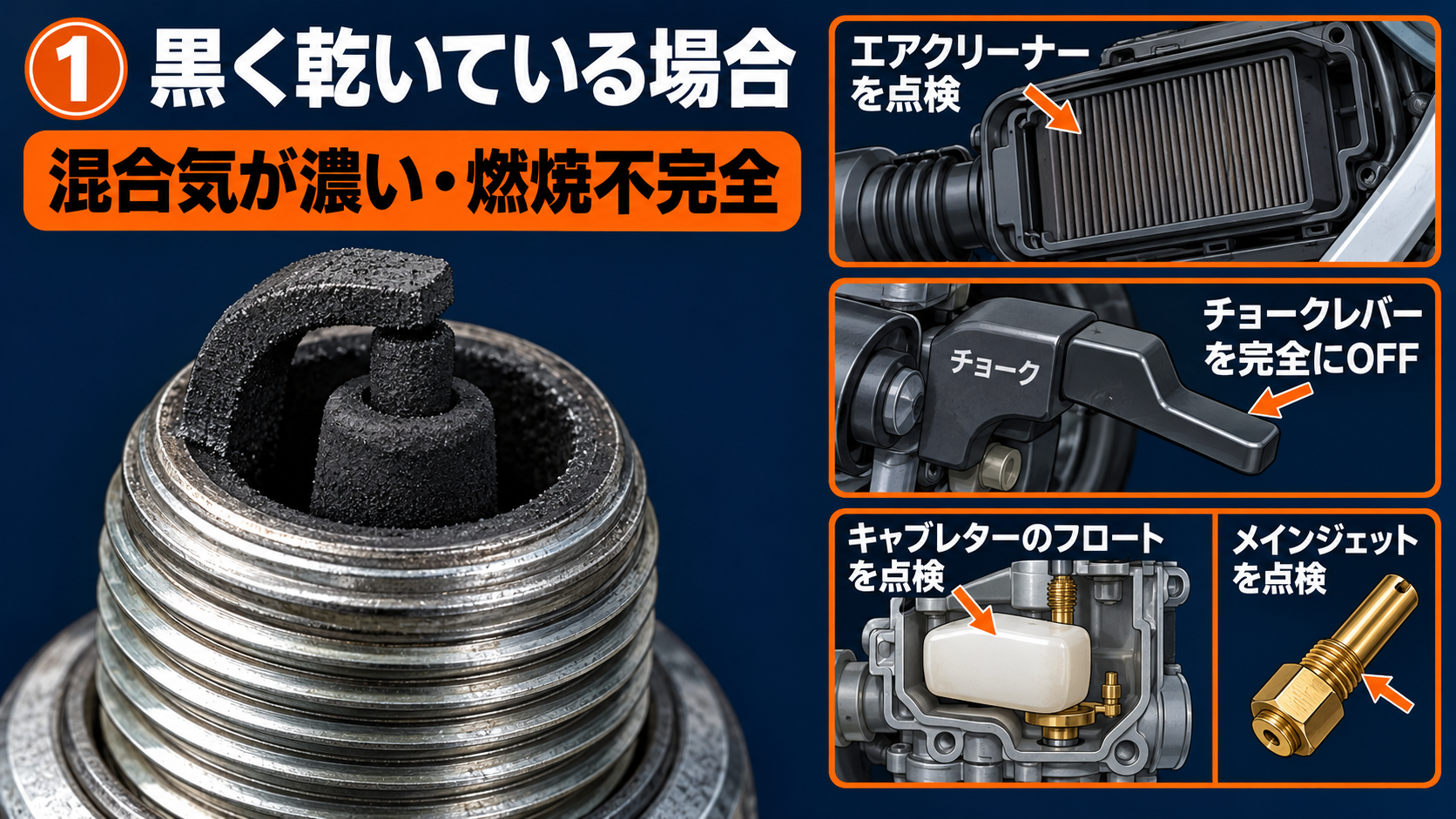 1it 250ccカーボンかぶり時のエアクリーナー・チョーク・フロート・メインジェット点検図