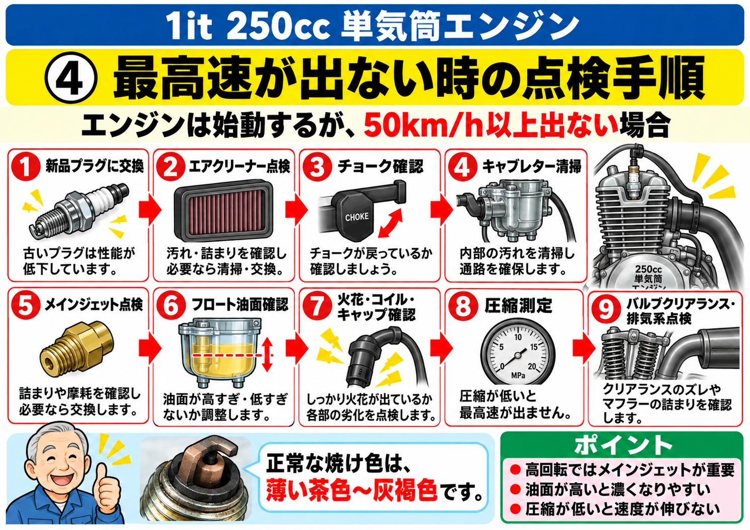 1it 250ccのエンジンは始動するが50km/h以上出ない場合の点検手順